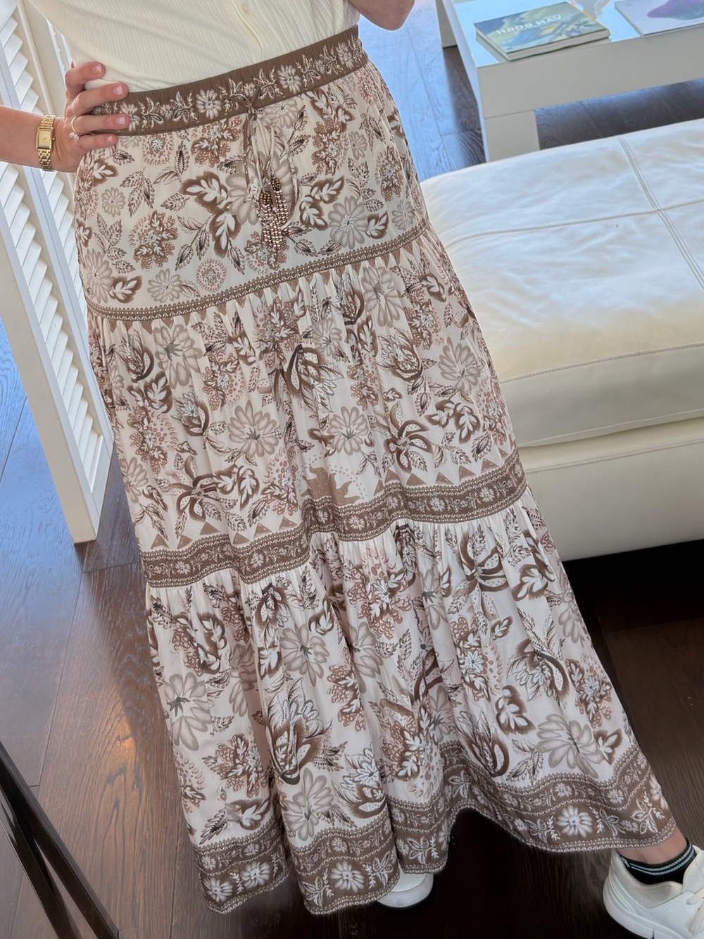 Rachael Zoe Floral Tiered Maxi Skirt in Cream and Taupe
